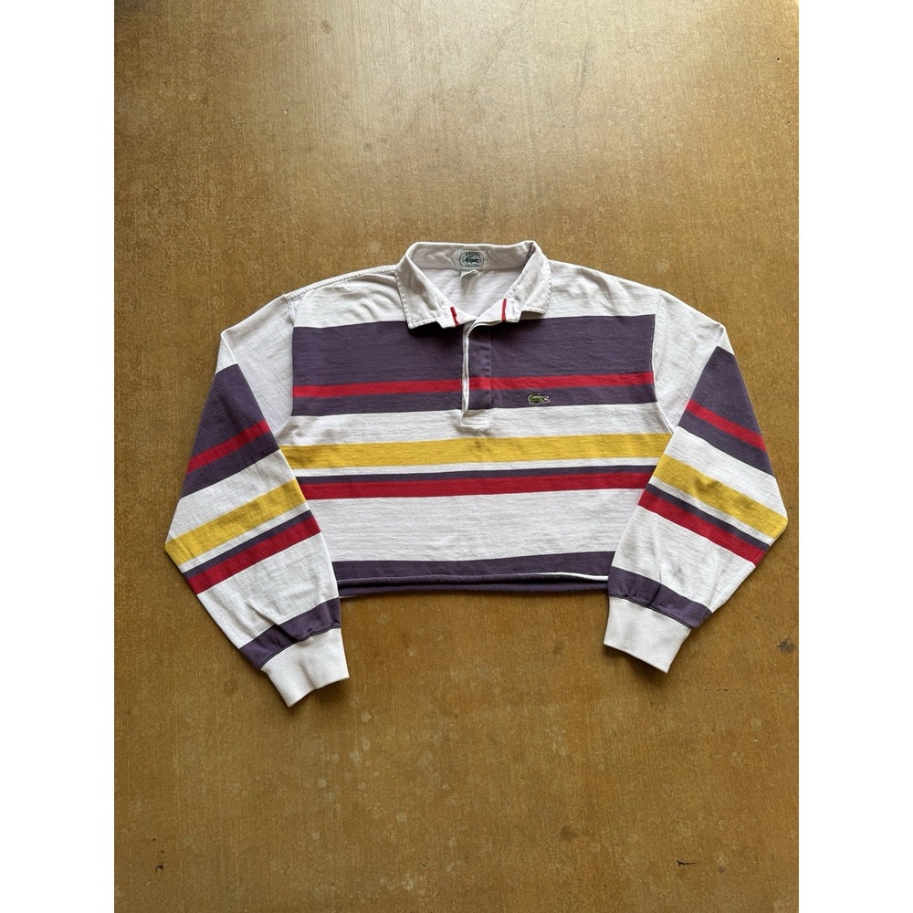 VTG 80s Lacoste X IZOD Striped Rugby Polo Women XL Cropped Chopped Cotton
